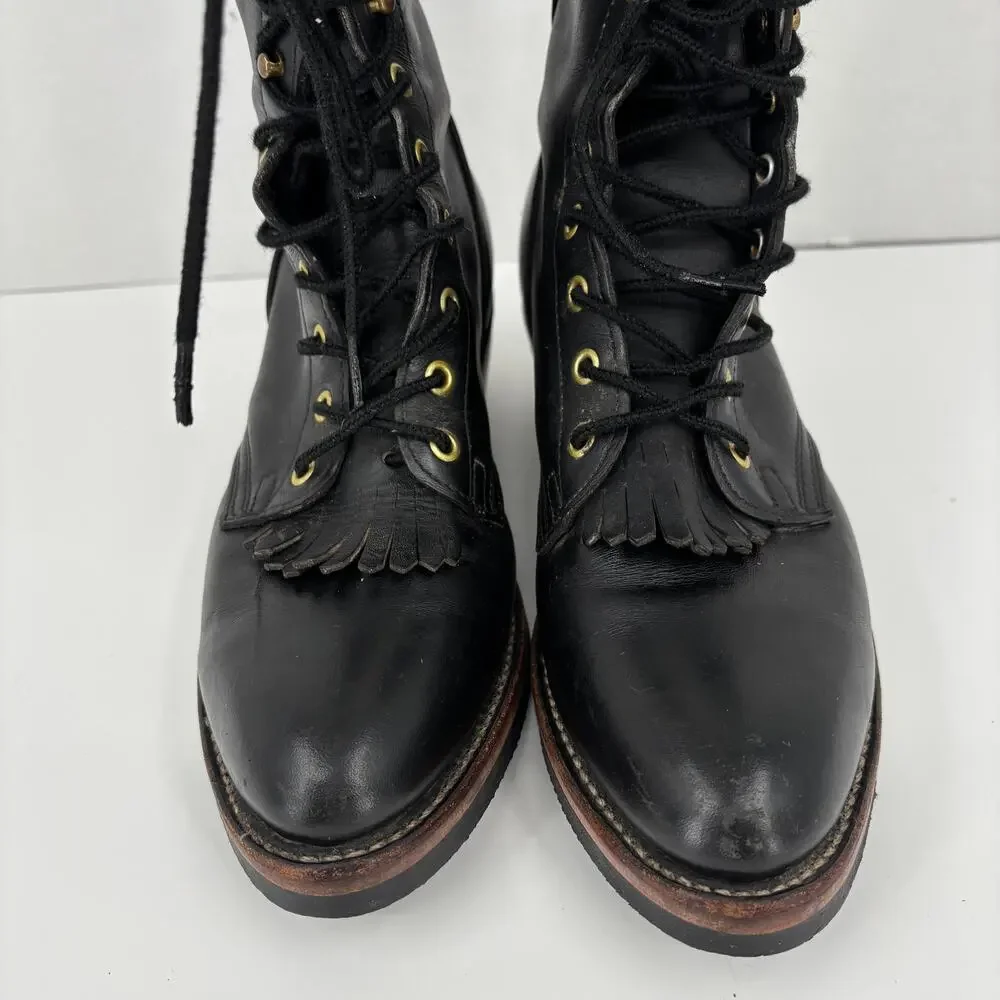 DD Tuff Roper Kiltie Lace Up Boots Mens Size 8 Black Leather Lace Up Vintage USA